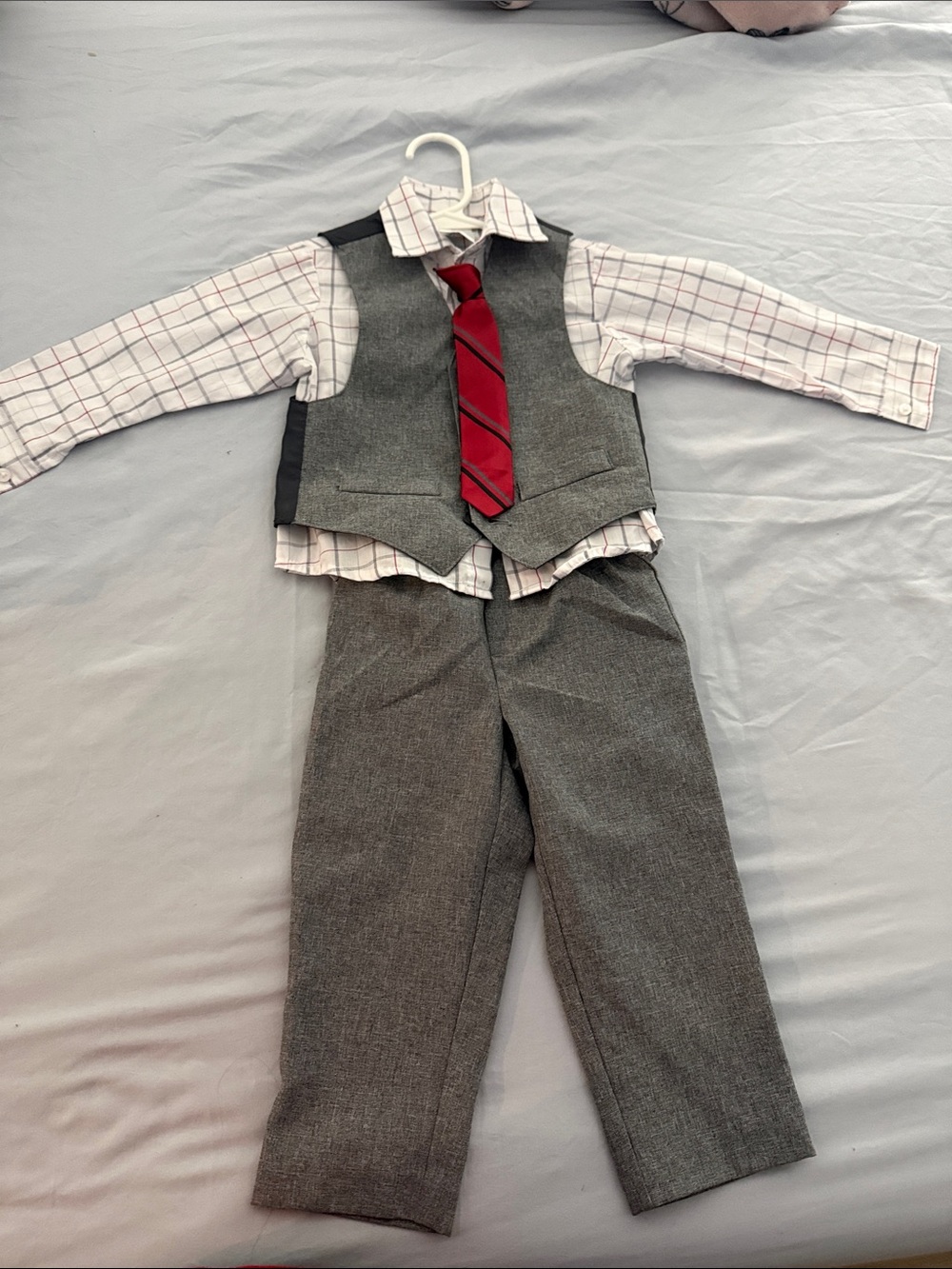 Boys Grey Vest & Pants Set with Plaid Shirt and Red Tie